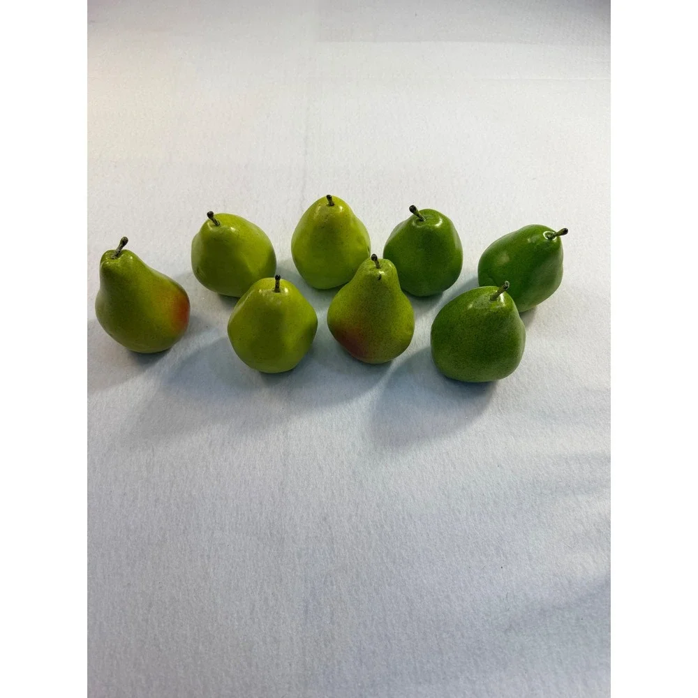 Modern Chrome Wire Basket with Orange Liner and 8 Artificial Green Pears Set